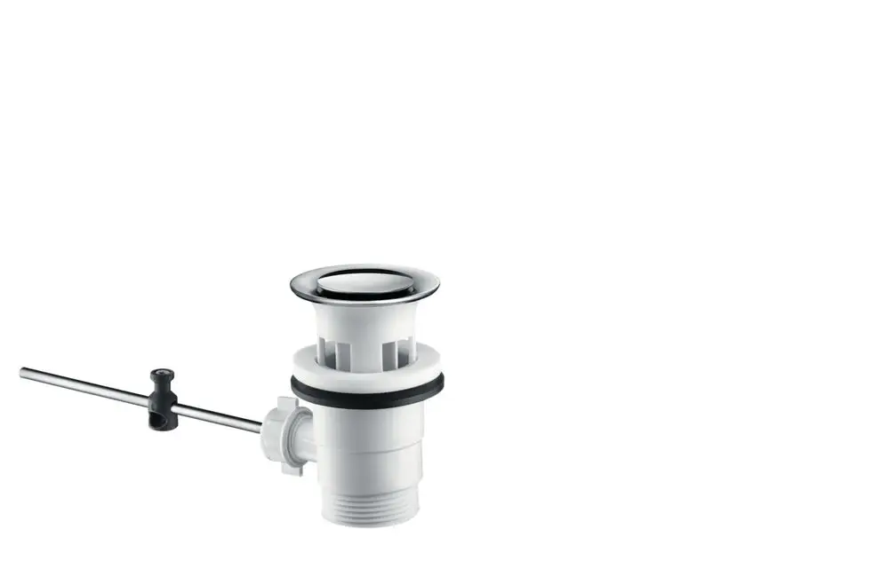 Hansgrohe Ablaufventil in weißer Ausführung mit verchromtem Deckel und seitlichem Betätigungshebel. Ideal für Waschbecken und Spülen.